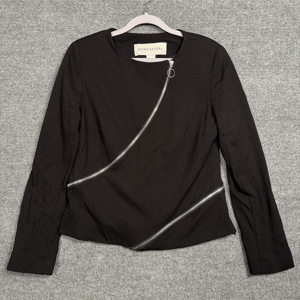 Doncaster Sz 10 Asymmetrical Zipper Moto Jacket Black Rayon‎ Nylon Blend Stretch